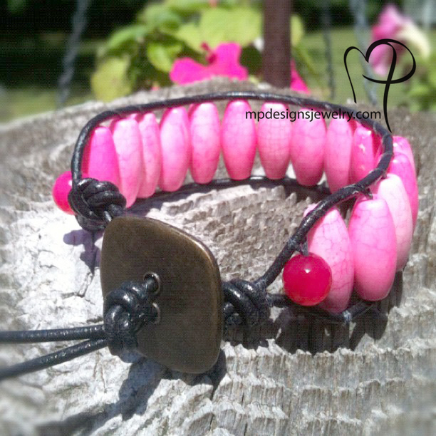 Pink Turquoise Leather Wrapped Beaded