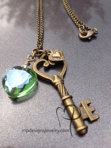 Love is the Key ~ Green Crystal Heart Antiqued Gold Brass Necklace