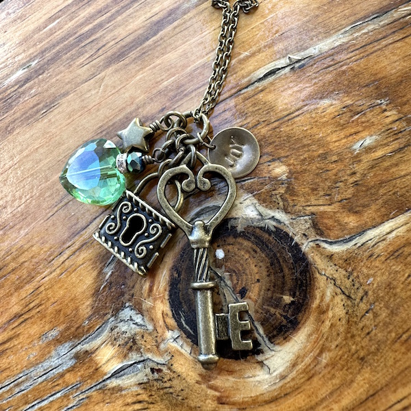 Love is the Key ~ Green Crystal Heart Antiqued Gold Brass Necklace