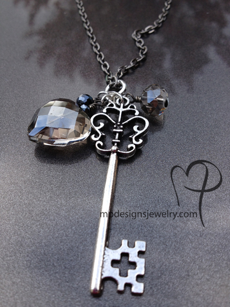 Love is the Key ~ Smokey Quartz Crystal Heart Antiqued Silver Gun Metal Necklace