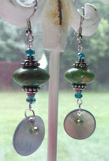 Turqquoise mosaic green blue shell dangle earrings