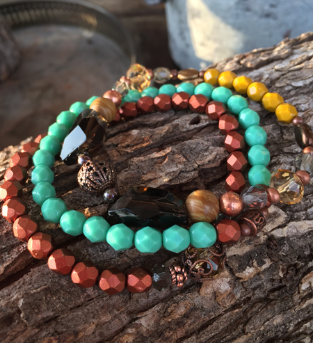 Turquoise Copper Amber Triple Stack Stretch Beaded Bracelets