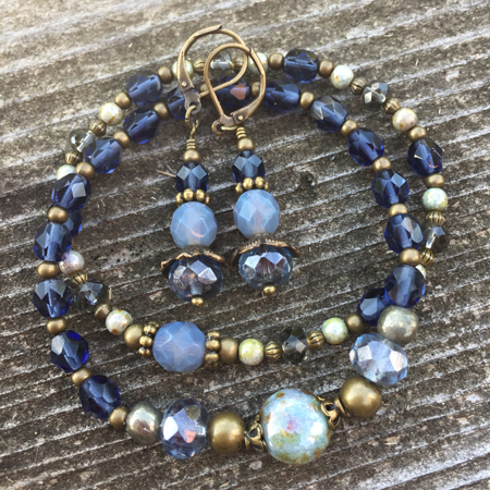 Denim Blue Beaded Stretch Bracelet/ Earrings Set