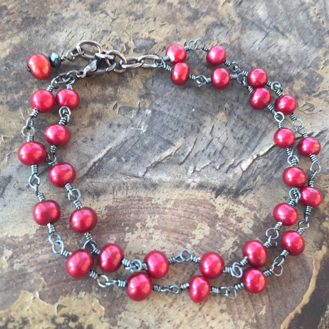 Cranberry Red Freshwater Pearls Wire Wrapped Black Bracelet