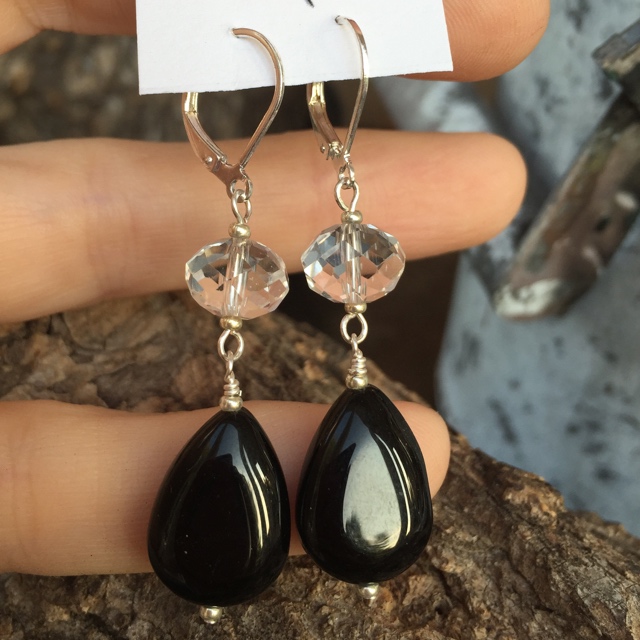 Sparkling Crystal Black Agate Teardrop 2 Earrings