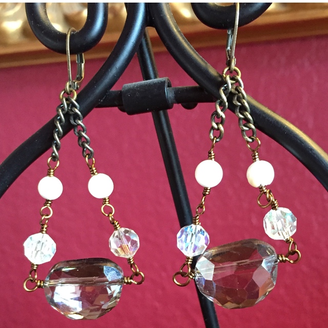 Vintage Crystal Pearl Antiqued Gold Chandelier Earrings