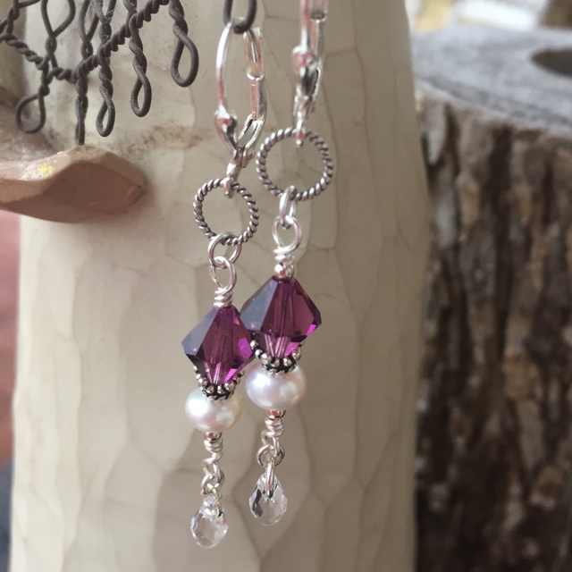 Amethyst Swarovski Crystal Pearl Sterling Silver Drop Earrings