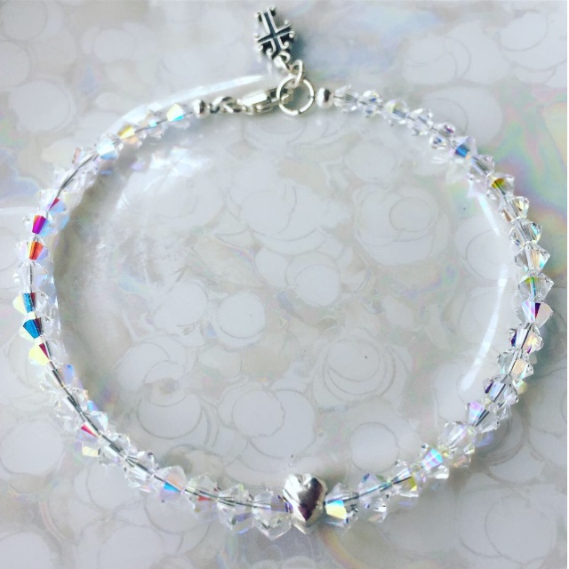 First Love Swarovski Crystal Tiny heart cross charm bracelet 