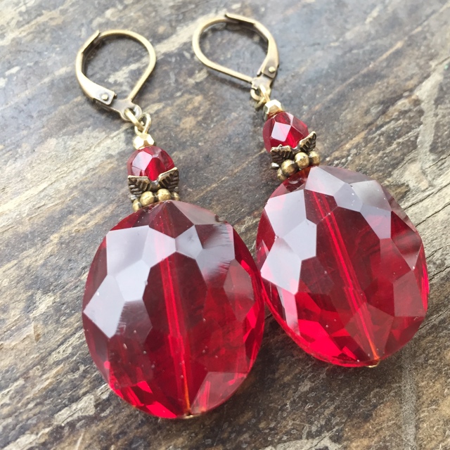 Crimson Red Crystal Antiqued Gold Statement Earrings