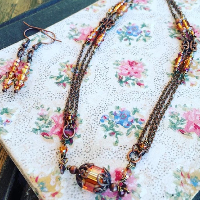 Victorian Copper Swarovski Crystal Necklace/Earrings Jewelry Set