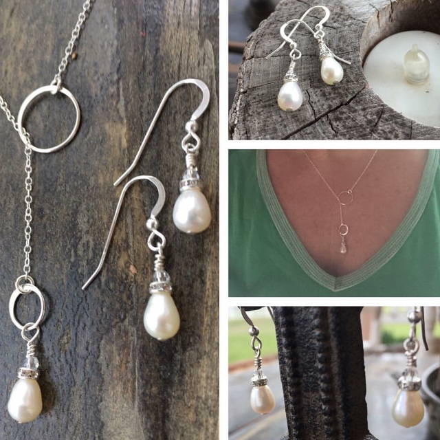 Teardrop Pearl Swarovski Crystal Lariat Necklace/Earrings Jewelry Set