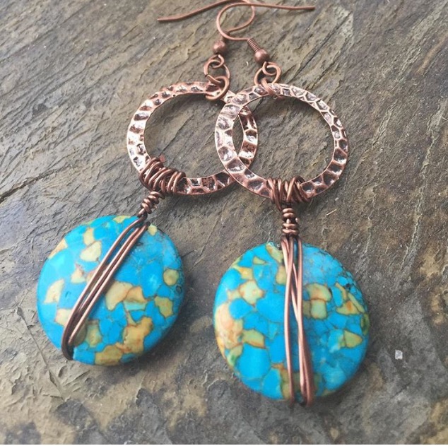 Blue mosaic Turquoise copper wire wrapped Boho e