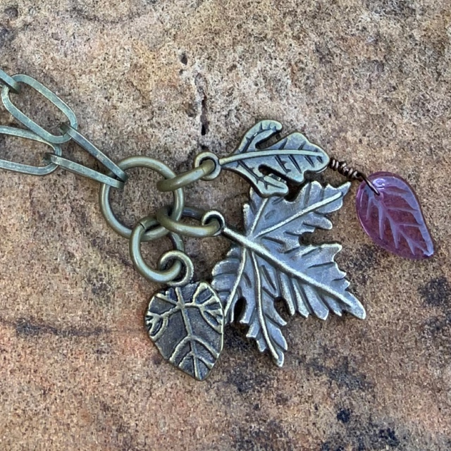 Triple leaf antique gold charm necklace 