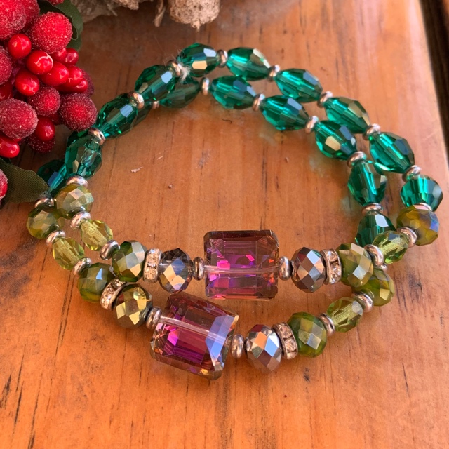 Emerald  Green Rainbow Crystal Stretch Stacking Bracelet 
