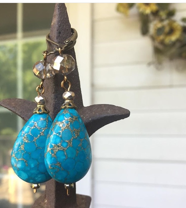 Blue Mosaic Turquoise Gold Crystal Teardrop Earrings