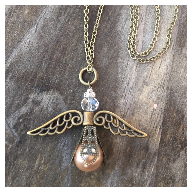 Vintage Antiqued Gold Brass Winged Crystal Pearl Angel Pendant Gold brass Necklace
