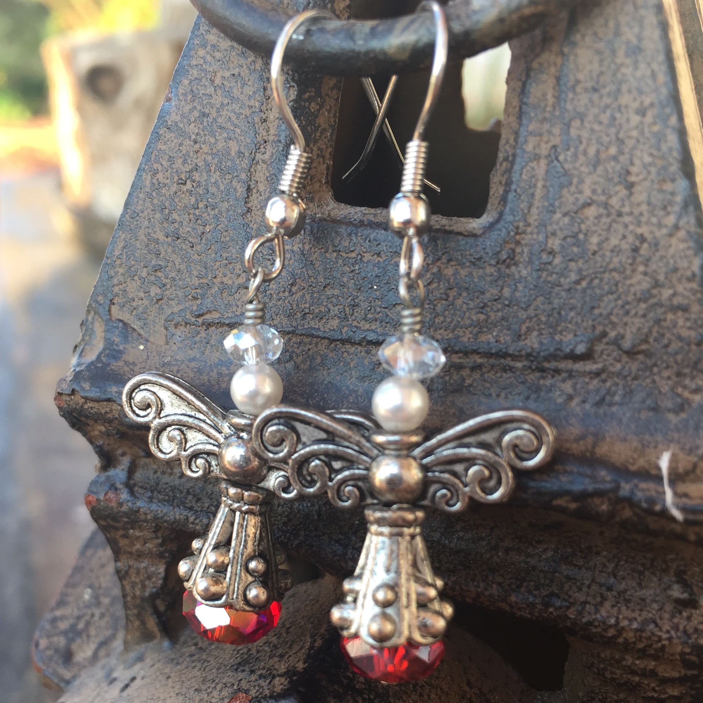 Heaven and Nature Sing Red Crystal Silver Pewter Angel Earrings