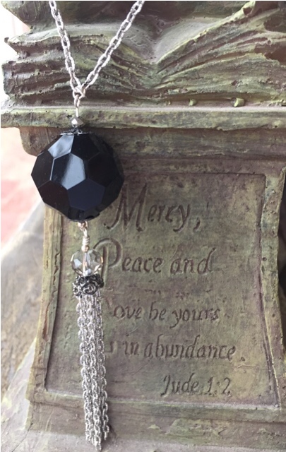 Jet Black Jumbo Crystal Tassel Silver Decorative Chain Necklace 