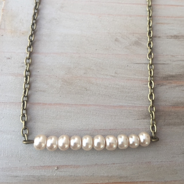AntIqued Brass Gold Creamy White Pearl Bar Necklace 