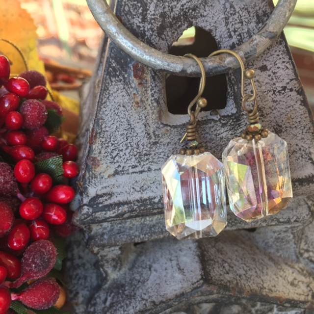Holiday Crystal Rectangle Bronze Earrings 