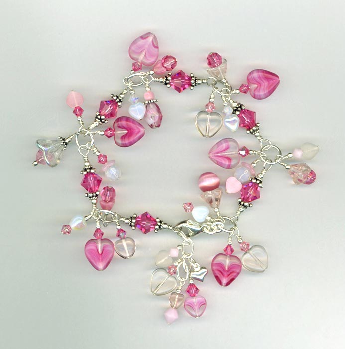 Pretty Pink Crystal & Czech Glass Heart Charm Bracelet