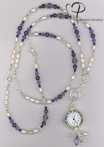 purple pearl crystal awareness watch necklace