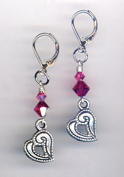pink fuchsia rose heart charm lb earrings